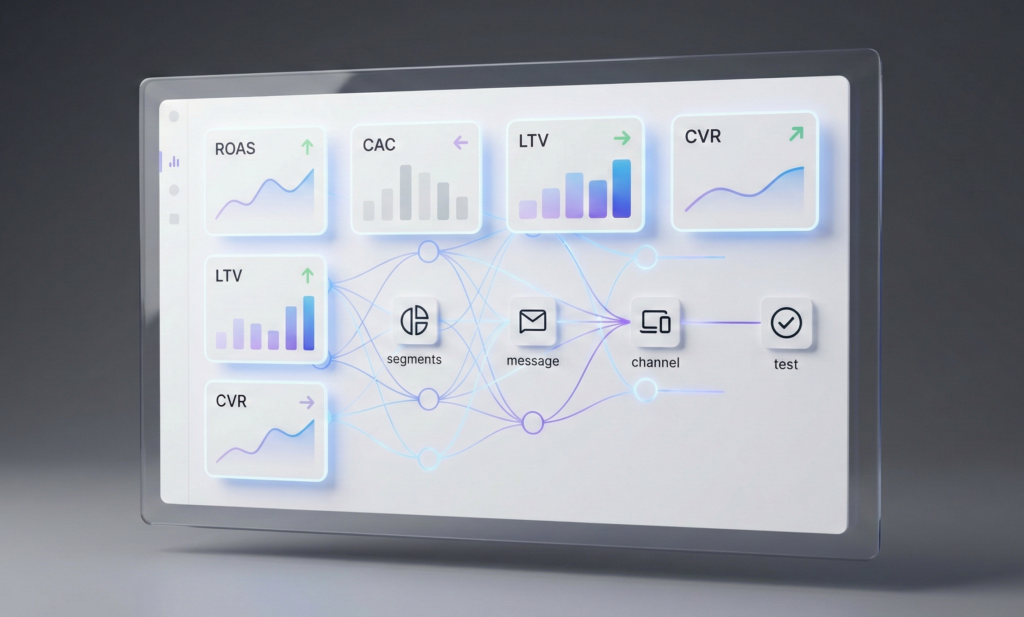 AI prompts to scale campaigns featured image showing a minimalist marketing dashboard with KPI tiles and an AI insight workflow overlay.